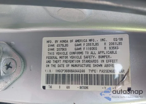 2008 Honda Accord 3.5 Ex-L from USA, damaged, VIN 1HGCP368X8A044246
